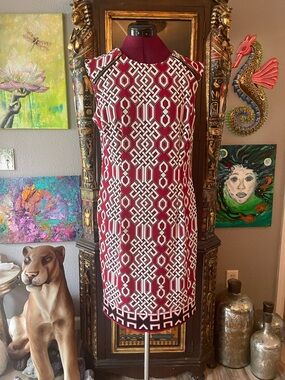 karin stevens Burgundy and White Geometric Midi Dress